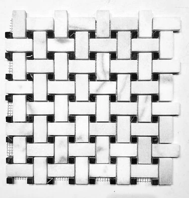 Carrara 1x2 Honed w/ Black Marble Dots Basketweave Floor Mosaic Tile Bathroom - Image 1 of 4