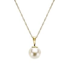 14k Yellow Gold Pearl Pendant Necklace with 8-8.5mm Round White Japanese Akoya