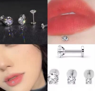 Stud Earring Piercing Zircon Gem Flat Back Push In Tragus Helix Cartilage Labret - Image 1 of 4