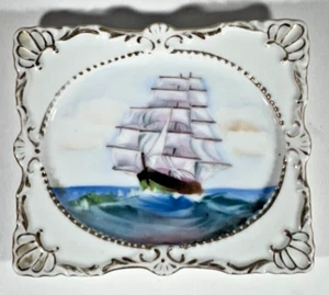 Bone China Ashtray Plate w/ Clipper Ship Painting 4" X 3 1/2" - Vintage - Picture 1 of 3