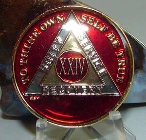 Red Alcoholics Anonymous 24 Year AA Medallion Token Chip coin Sober Sobriety - Picture 1 of 10