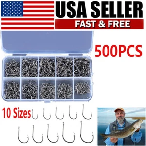 500Pcs Fish Hooks Fishing Black Silver Sharpened With Box Quality kit 10 Sizes - Picture 1 of 6