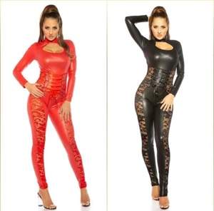 Koucla Highcollar Wetlook Catsuit Overall Spitze Schnürung Milax-Fashion - Bild 1 von 14