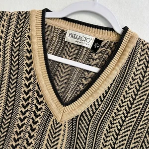 Bellagio Mens Sweater L Italy Vintage V Neck Classic Retro Black Tan Grandpa Y2K - Picture 1 of 7