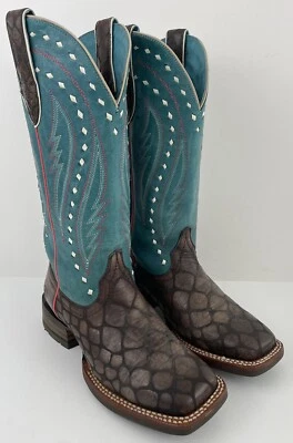 Ariat Boots Callahan Chocolate Andaconda Print Teal Shaft Square Toe Womens SZ 6 - Image 1 of 4