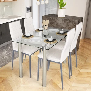 5 PCS Dining Table & 4 Cushioned Chairs Set Tempered Glass Top Kitchen Breakfast - Picture 1 of 5