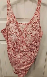Costume da bagno intero Denim & Co Beach rosa e bianco Surplice Paisley taglia 24 - Foto 1 di 6