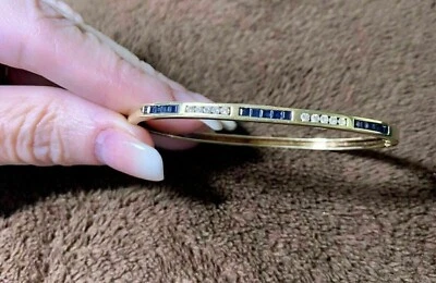 Brazalete Brazalete 2 Ct Corte Princesa Zafiro Azul Simulado Acabado Oro Amarillo 14K Foto 1 de 4