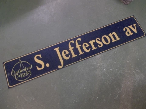 Vintage S. JEFFERSON av Cathedral District Street Sign 48" X 9" -GOLD on NAVY Cover