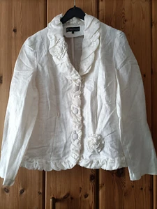 Damen Beige/weisser Blaezer, 100% Leinen Rueschenkragen, Blumenapplikation, Gr.L - Bild 1 von 5
