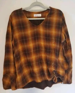 Time And Tru Flannel Shirt Plaid Orange Brown Fit Women’s Large 12-14 - Picture 1 of 8