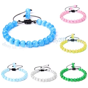 10/12mm Multi-Color Opal Cat's Eye Round Gems Beads Adjustable Braided Bracelet - Picture 1 of 14