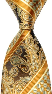 Classic Paisley Striped Gold Black JACQUARD WOVEN 100% Silk Men's Tie Necktie - Picture 1 of 2