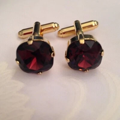 Simulated Red Ruby Cushion Formal Shirt Groom Men's Cufflinks In 10K Yellow Gold - Image 1 of 4