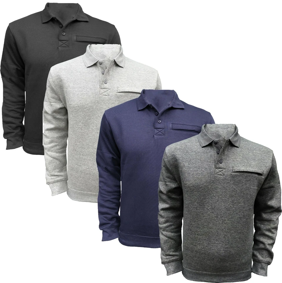 Mens Polo Sweatshirt Jumper Collared Soft Fleece Warm 3 Button Zipped Top