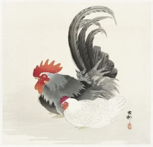 OHARA KOSON Chicken And Cock VINTAGE JAPANESE ART (1900-1936) Print/ Poster - Picture 1 of 1