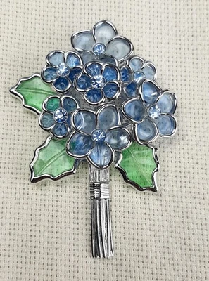Vtg Coro Gripoix Plique a Jour Stained Glass Rhinestones Blue Green Brooch - Image 1 of 4