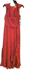 London Times Salsa Red Faux Wrap Midi Dress Sz 10 Polyester Lined Ruffle Necklin - Picture 1 of 12