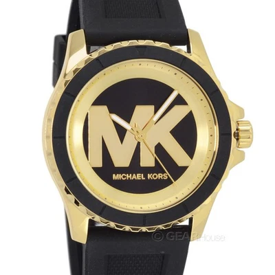 Reloj informal Michael Kors Everest dorado para mujer, esfera con logotipo MK, correa de silicona negra Foto 1 de 4