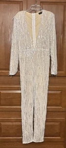 Prettylittlething silver sequin Jumpsuit Sz 8 L/S deep v-neck plunge 1963 - Picture 1 of 5