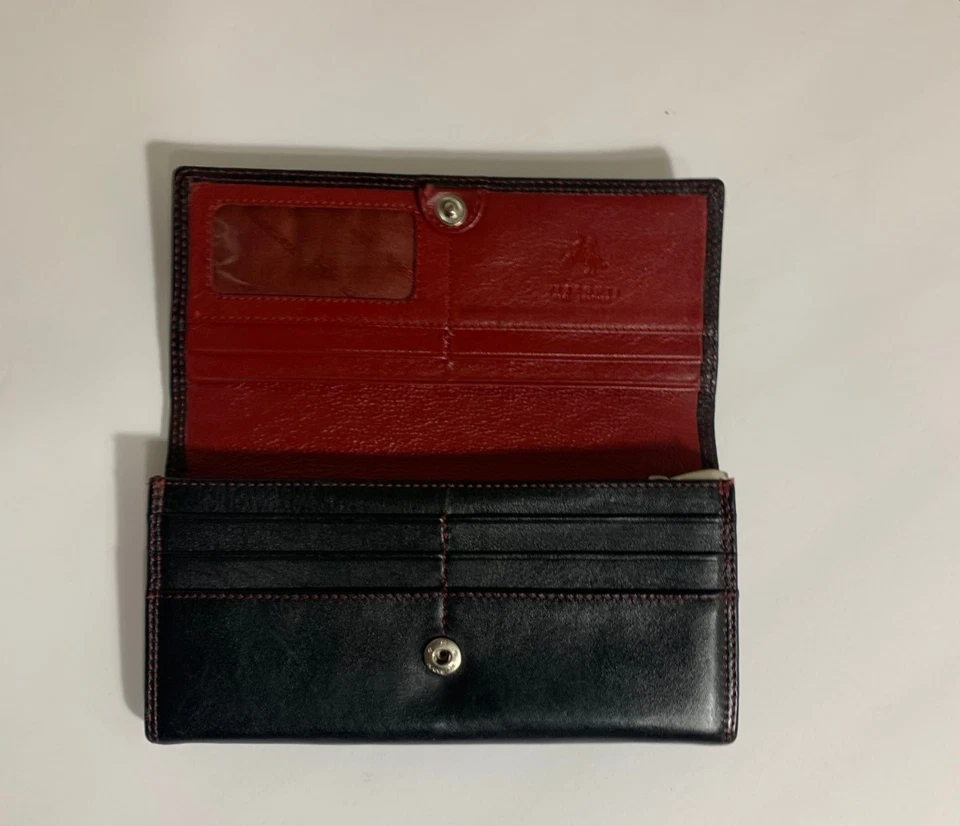 Cartera Visconti de cuero negra plegable para mujer interior roja cuero suave Foto 1 de 4