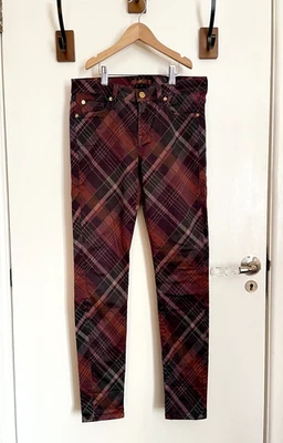 7 For All Mankind Burgundy Purple Green Tartan Low Waist Skinny Jeans - 27W 28L - Image 1 of 4