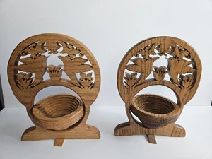 Set Of Two Wooden Hand Carved Bird Sculpted Planter Plant Holder 4.5” Diameter - Picture 1 of 11