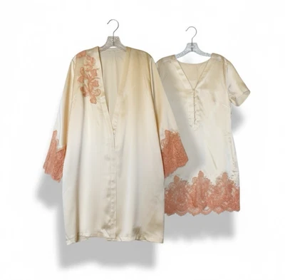 100% Silk Lace Nightgown And Robe Size S Ivory Pink Made Italy Luxury Wedding - Image 1 of 4
