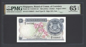 Singapore One Dollar ND(1972) P1d Uncirculated Grade 65 - Picture 1 of 2