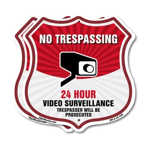 No Trespassing Shield Sign 24 Hour Video Surveillance Trespa Shield Shaped Sign - Picture 1 of 41