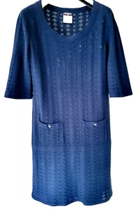 AUTH  CHANEL NAVY BLUE SHORT SLEEVE 100% COTTON KNIT MINI DRESS  LOGO BUTTONS 40 - Picture 1 of 12