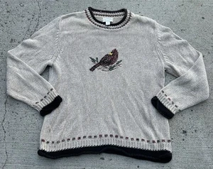 Christopher Banks Hand Embroidered Knit Sweater XL Cardinal Bird Beige Holiday - Picture 1 of 8
