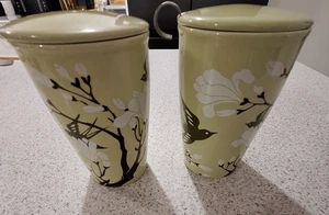 2 Tea Forte Ceramic Steeping Cup with Lid Infuser Basket Loose Leaf Green Birds - Picture 1 of 7
