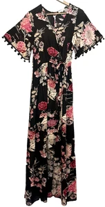 Y2K Poof New York Floral Cottage Faux Wrap Maxi Dress Size M Open Short Festival - Picture 1 of 13