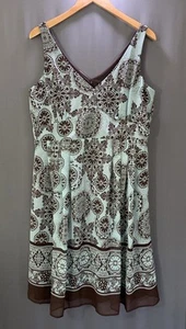 R&M Richards Sleeveless Dress Size 16 Aqua Blue Brown Floral V-Neck & Back Pleat - Picture 1 of 14