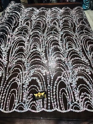 SILVER-PINK SHINY GLITTER WAVE DESIGN ON A BLACK MESH-PROM-SOLD BY THE YARD. - Image 1 of 4