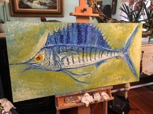4' HUGE Sailfish Big GAME  FISH OIL PAINTING SUSHI ANN SUSAN ELMER COLORS - Picture 1 of 12