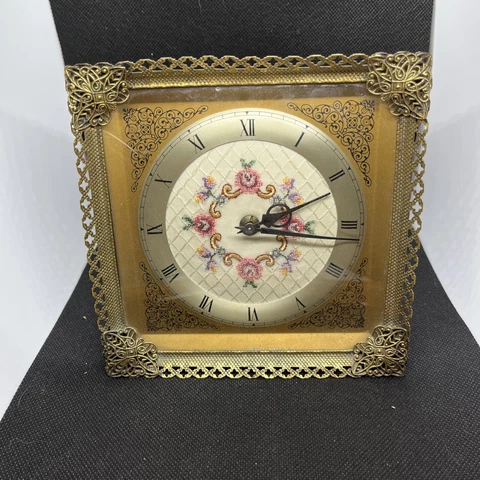 Vintage Vanity Clock brass Filagree and floral front Runs Great 6x6 Cover