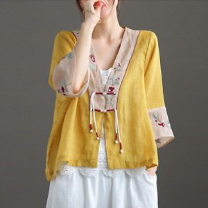 Lady Ethnic Blouse Kimono Coat Top V-neck Embroidery Floral Cotton Linen Vintage