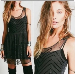 Free People Dress XS Blue Beaded Slip Mini Sheer Cocktail Party Sexycore Sheer - Bild 1 von 6