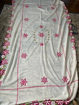 LARGE Elegant Green and Red Floral Embroidered Table Cloth Size 62" x 106"  - Image 1 of 3