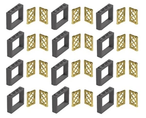 ☀️LEGO NEW 12x DARK BLUISH GRAY 1x4x3 WINDOWS w Gold Lattice Pane Panel HOUSE - Picture 1 of 3