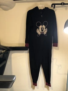 Disney Mickey Mouse Footie PJs W/ Hood Black & Red Sz Small/ 4-6 Zipper 52” Long - Picture 1 of 8