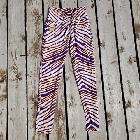 Majestic Zubaz Minnesota Vikings Leggings M Purple Gold Tiger Striped Cover
