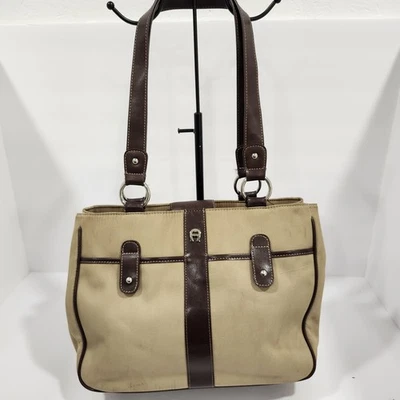 Etienne Aigner Canvas Tote Handbag Tan Brown Logo Satchel Purse Pre-Owned - Image 1 of 4