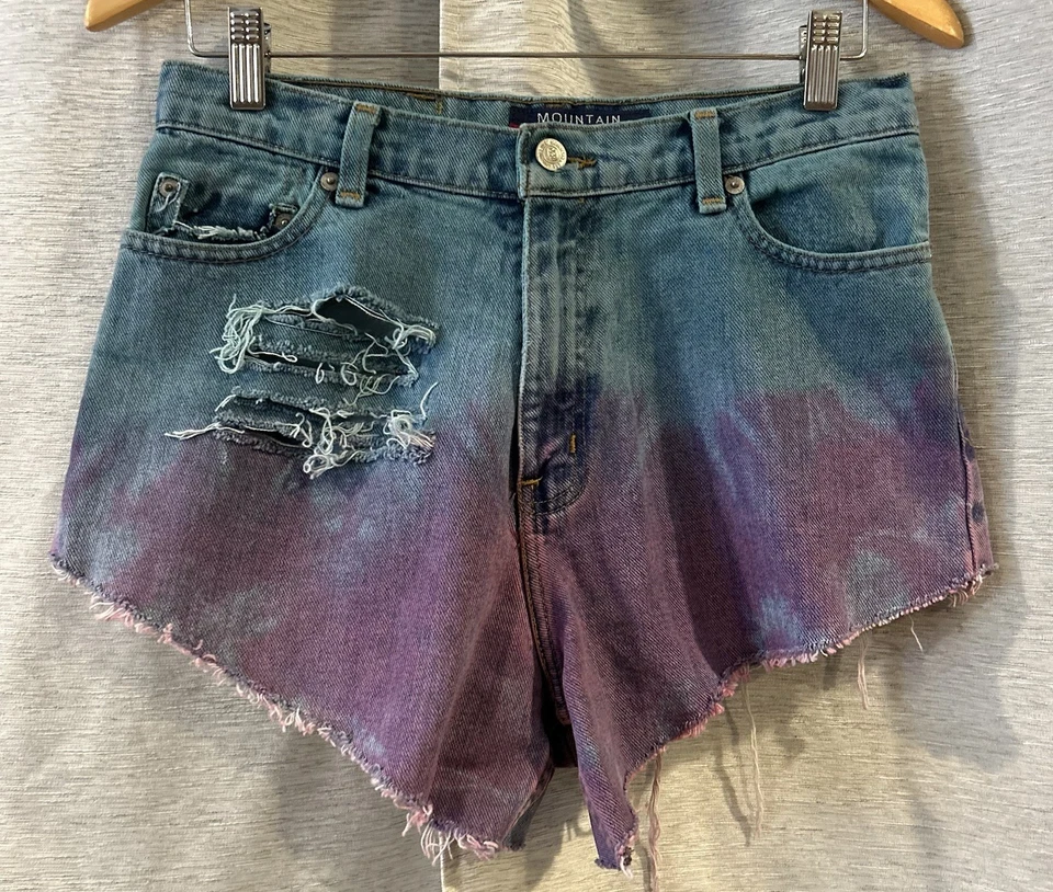 Vintage Mountain Lake Ombre Demin Shorts Raw Hem Distressed Size 8 Reworked - Image 1 of 4