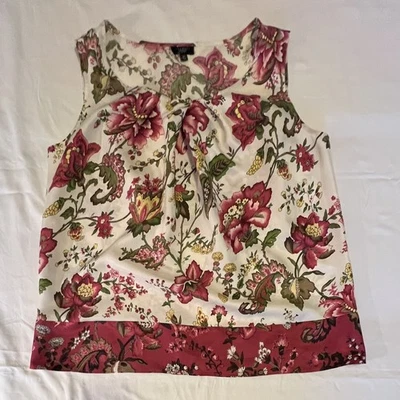 Top 12P Talbots Plisado Cuello Concha Estampado Floral Rojo, Rosa, Verde, Blanco Seda Foto 1 de 4