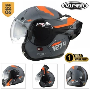 ViPER F242 180° Flip Over P&J Rated Motorcycle Motorbike Helmet - Verto Orange - Picture 1 of 10