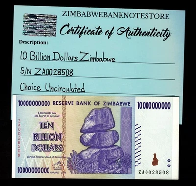 Auténtico billete de repuesto de 10 mil millones de dólares de Zimbabwe ZA 2008 UNC ZA0028508 Foto 1 de 3