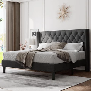 King Size Bed Frame with Wingback, Upholstered Platform Bed with Diamond Tufted - Picture 1 of 12